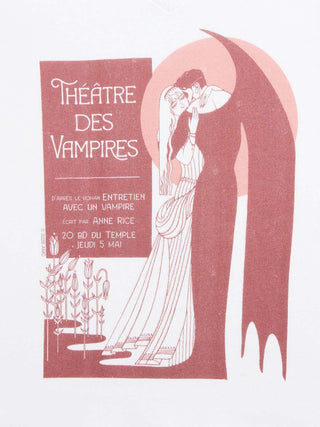 Vintage French movie poster for 'Thèatre des Vampires' featuring an Art Deco illustration of a vampire and woman in a flowing gown, printed in dusty rose on a white background.