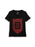 A black short-sleeve v-neck t-shirt with a red ornate gothic-style frame graphic on the front containing the quote 'I would like to tell you the story of My Life.' The shirt is displayed flat against a plain white background.