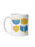 A white ceramic mug featuring a colorful graphic of Hanukkah symbols: a blue menorah, a yellow latke, a yellow dreidel, and a blue book with a yellow bookmark.