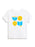 A white short-sleeve crewneck kids' t-shirt featuring a colorful graphic print of a blue menorah, a yellow latke, a yellow dreidel, and a blue open book on the front.