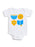 White short-sleeve baby bodysuit with a colorful Hanukkah-themed graphic print featuring a blue menorah, yellow dreidel, yellow latke, and blue book.