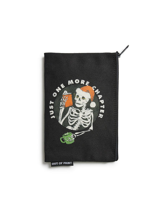 Black pouch with skeleton design and text 'Just One More Chapter' on a white background