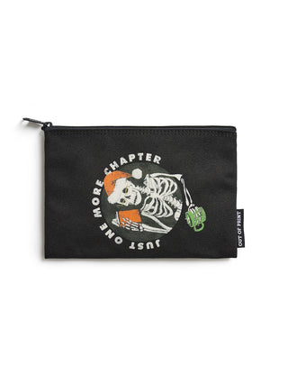 Black pouch with skeleton design and text on a white background