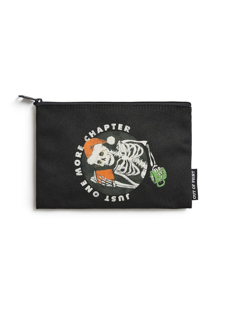Black pouch with skeleton design and text on a white background