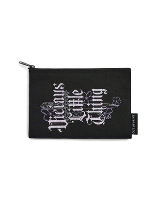 Black pouch with white text and floral design on a white background