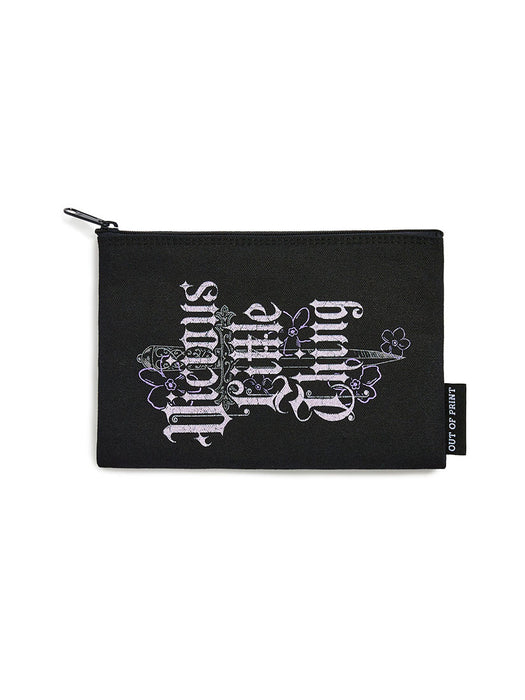 Black pouch with white text and floral design on a white background