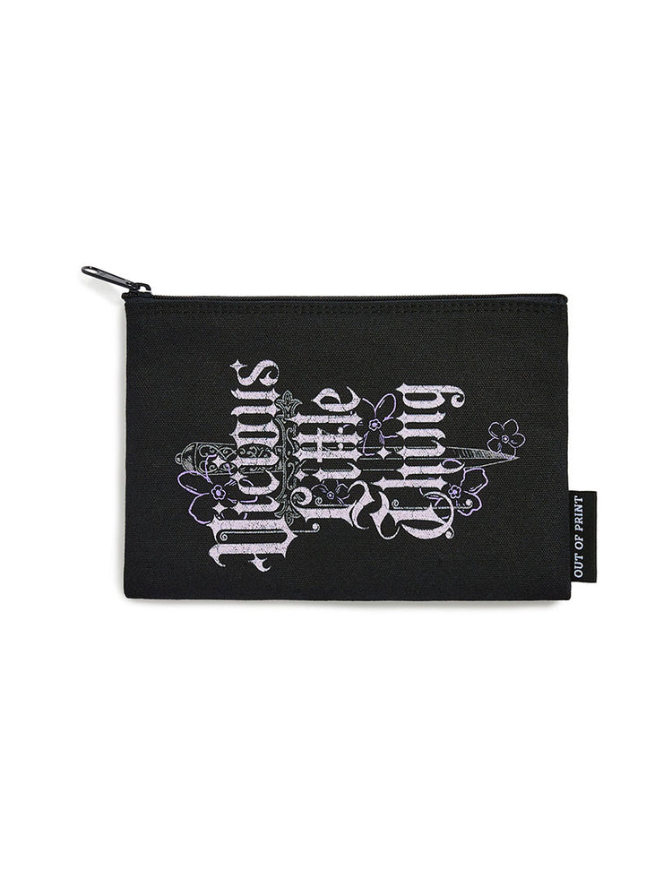 Black pouch with white text and floral design on a white background