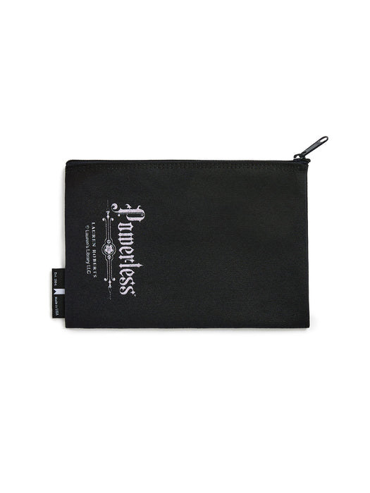 Black pouch with 'Powerless' branding on a white background