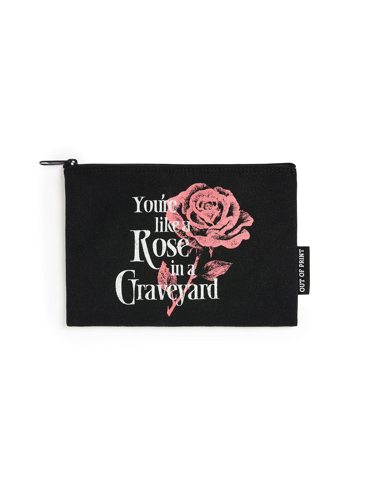 Black pouch with pink rose and text design on a white background