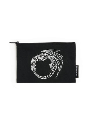 Black pouch with white dragon design on a white background