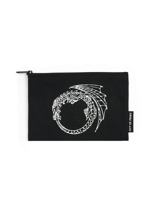 Black pouch with white dragon design on a white background