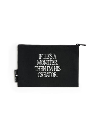 Black pouch with white text on a white background