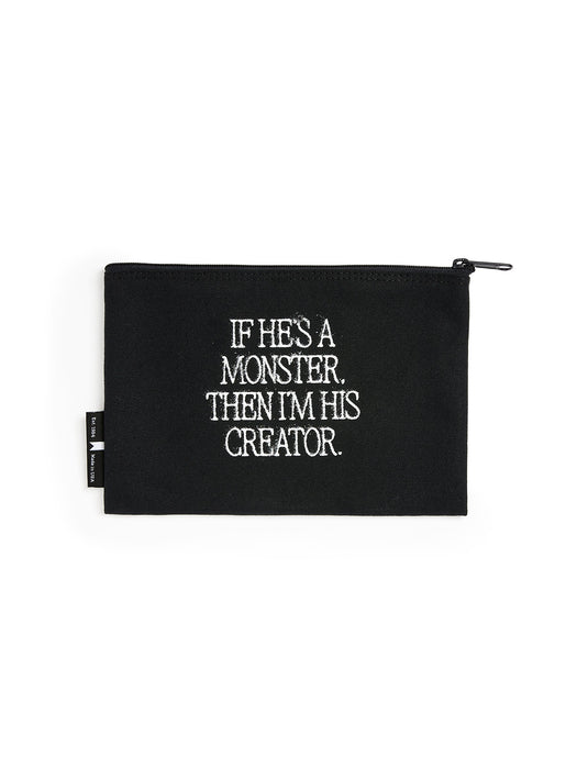 Black pouch with white text on a white background
