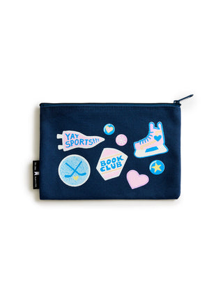 Navy blue pouch with colorful stickers on a white background