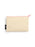 A rectangular canvas pouch in a light beige color with a pink zipper and a small black fabric tag on the left side, shown on a plain white background.