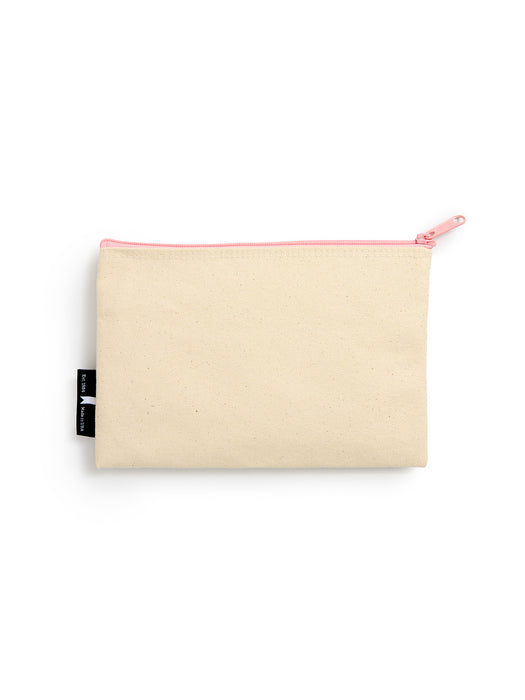 A rectangular canvas pouch in a light beige color with a pink zipper and a small black fabric tag on the left side, shown on a plain white background.