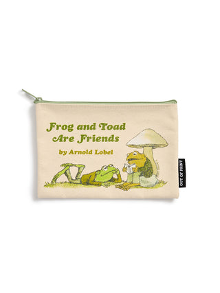 A cream-colored canvas zipper pouch featuring a green and yellow illustration of a frog and a toad under a mushroom, with the text 'Frog and Toad Are Friends by Arnold Lobel'. 