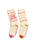 Beige socks with colorful text and patterns on a white background