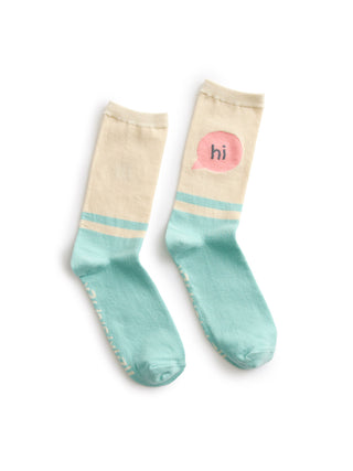 Pair of socks with a 'hi' label on a white background