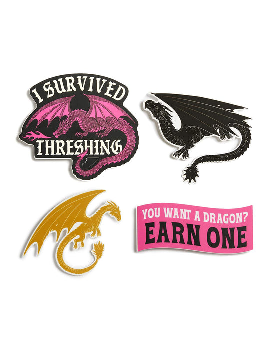 Four dragon-themed pins with text on a white background