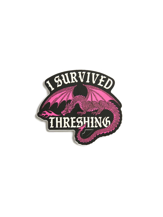 Sticker with dragon design and text 'I Survived Threshing' on a white background