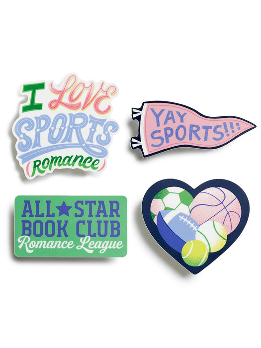 Four colorful stickers with sports-themed text and graphics on a white background