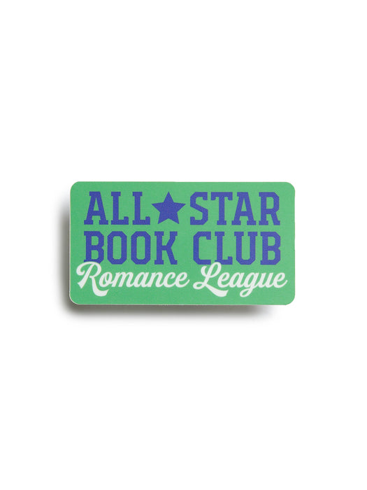 Sticker with 'All Star Book Club Romance League' text on a green background