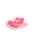 A pink felt cowboy hat pin with a yellow band and a light pink heart on the crown, set against a plain white background.