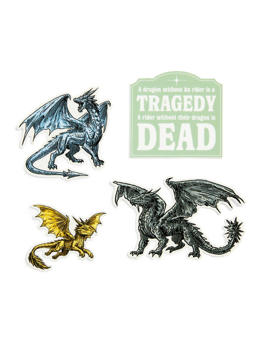 Four dragon-themed stickers on a white background: a blue-gray dragon, a gold dragon, a dark gray dragon, and a pale green sign with the quote, 'A dragon without its rider is a TRAGEDY A rider without its dragon is DEAD'.