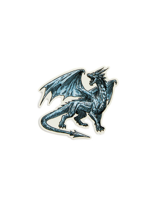 A sticker featuring a detailed illustration of a metallic blue dragon with spread wings, set against a plain white background.