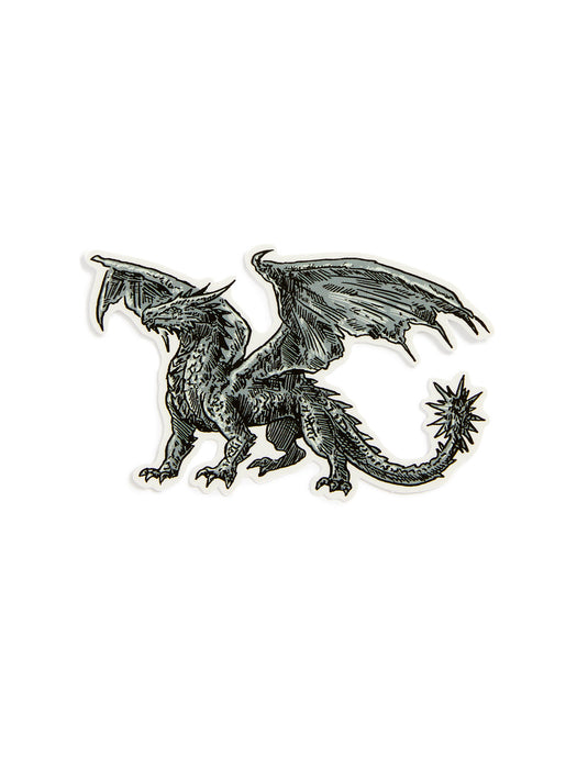 A sticker featuring a detailed black and gray illustration of a fantasy dragon with spread wings, shown on a plain white background.