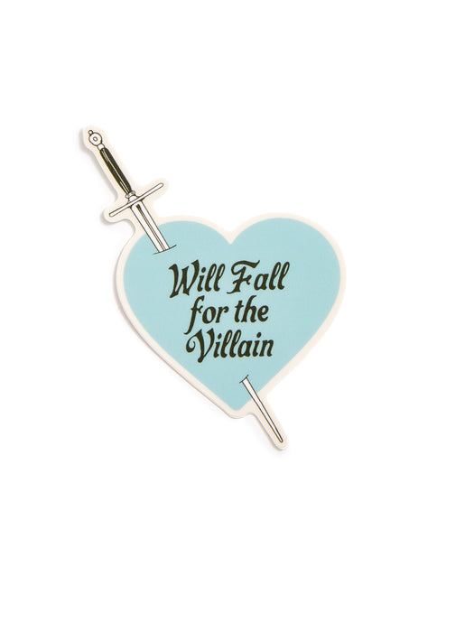 A heart-shaped sticker with a light blue center, featuring the text 'Will Fall for the Villain' in dark brown lettering, with a silver sword graphic running through it, set against a plain white background.