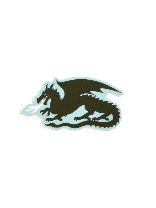 A sticker featuring a stylized black dragon with a light blue outline, shown on a plain white background.