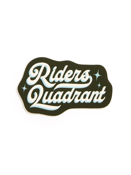 A sticker with the words 'Riders Quadrant' in white script with a light blue shadow, set against a dark background with small white star accents, on a plain white background.
