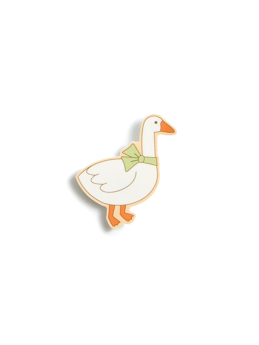 A cartoon-style goose sticker with a white body, orange beak and legs, and a light green bow tie, shown on a plain white background.