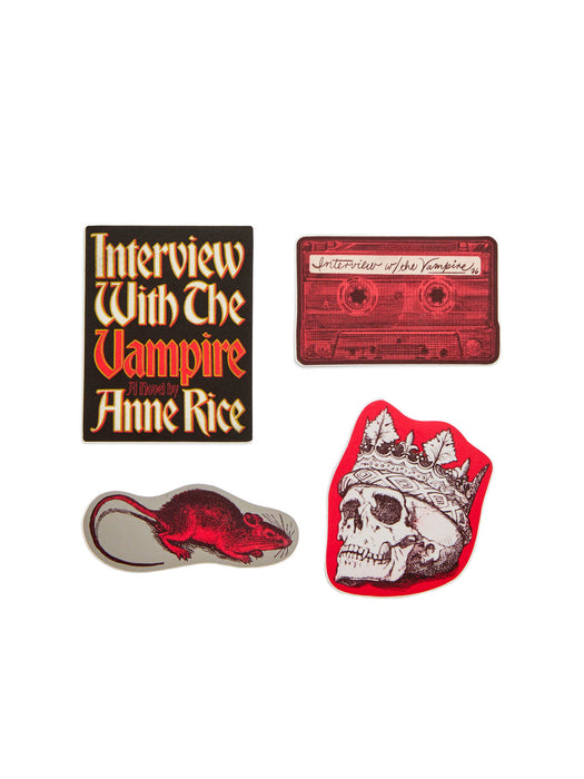 Four themed stickers displayed on a clean white background, featuring gothic and horror designs including 'Interview With The Vampire' text, a cassette tape, a skull wearing a crown, and a red rat.