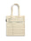 A cream-colored canvas tote bag with lined notebook-style writing guides and blue text fields for author, title, date due, and borrower's name, shown on a plain white background.