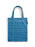A blue canvas tote bag with white horizontal lines resembling a notebook page, featuring white printed text for 'DATE DUE' and 'BORROWER'S NAME' at the top, and two blue shoulder straps, shown against a plain white background.