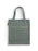 A slate gray canvas tote bag with gold horizontal lines and printed fields for author, title, date due, and borrower's name, shown against a plain white background.