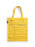 A yellow canvas tote bag with lined sections, featuring fields for author, title, date due, and borrower's name, shown on a white background.