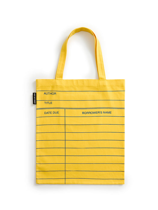 A yellow canvas tote bag with lined sections, featuring fields for author, title, date due, and borrower's name, shown on a white background.