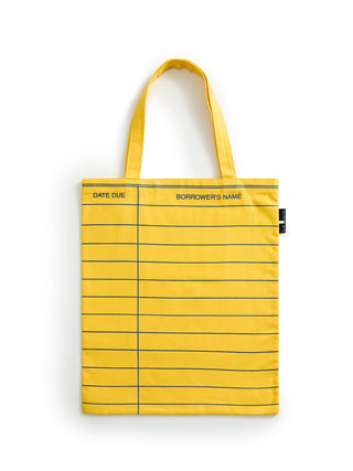 A yellow canvas tote bag with horizontal blue lines featuring 'DATE DUE' and 'BORROWER'S NAME' printed in blue on the top left, with two yellow handles, shown against a plain white background.