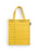 A yellow canvas tote bag with horizontal blue lines featuring 'DATE DUE' and 'BORROWER'S NAME' printed in blue on the top left, with two yellow handles, shown against a plain white background.