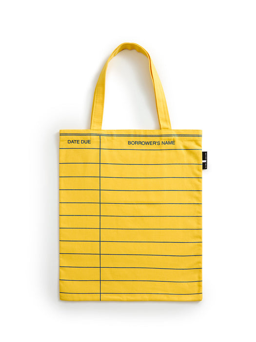 A yellow canvas tote bag with horizontal blue lines featuring 'DATE DUE' and 'BORROWER'S NAME' printed in blue on the top left, with two yellow handles, shown against a plain white background.