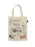 Beige tote bag with illustrations and text on a white background