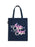 A navy blue canvas tote bag with long handles, featuring a decorative graphic on the front that reads 'ASK ME MY Ship NOT MY Sign' in pink and white script with pastel butterflies, shown against a plain white background.