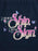 A close-up of a dark navy blue garment featuring a colorful graphic print with the text 'ASK ME MY Ship, NOT MY Sign' in pink, purple, and cream lettering, decorated with butterflies and floral vines.