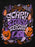 A Halloween-themed graphic print featuring the text 'SCARY STORY SEASON' in stylized purple and white lettering, surrounded by orange pumpkins, a skull, an open book, bones, leaves, and stars on a black background.