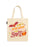 A cream-colored canvas tote bag with a colorful graphic print that reads 'I'M A SUCKER FOR BOOKS' in stylized red, orange, and yellow lettering, accompanied by illustrations of a bat and a book.