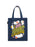 A navy blue canvas tote bag featuring a colorful graphic print with cartoon ghosts, stars, and the text 'I Love BOOKS' in yellow and pink, shown against a plain white background.